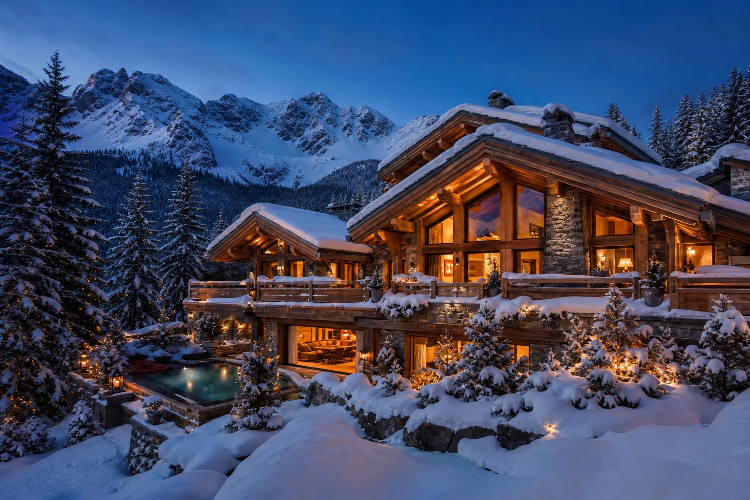A luxury alpine chalet glowing at dusk in deep snow