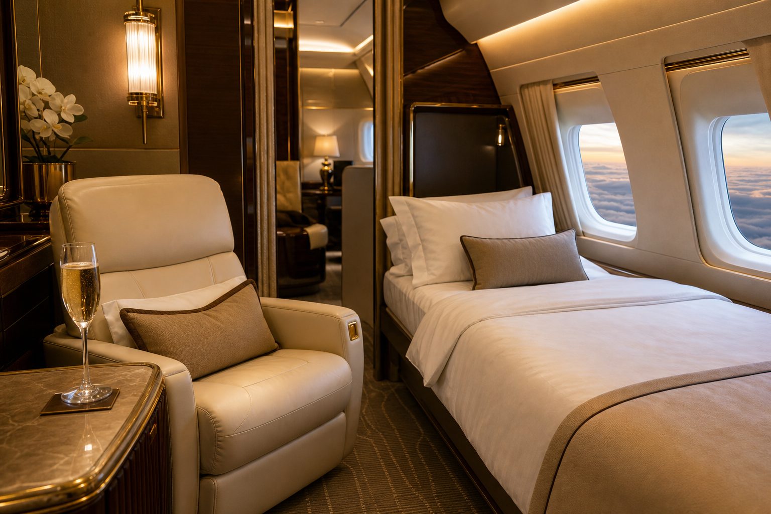 A first-class private suite cabin with a turned-down bed