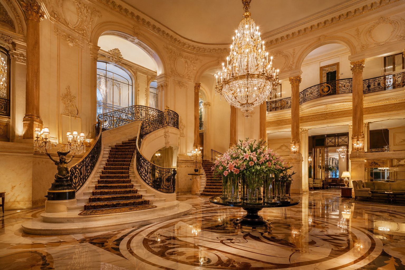 An opulent grand hotel lobby with a sweeping staircase and chandelier