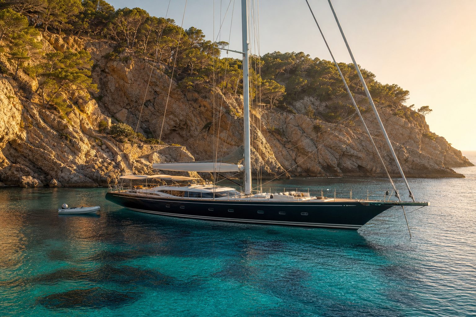 An elegant sailing yacht anchored in a turquoise Mediterranean cove
